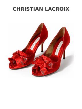 Vintage Christian Lacroix Red Satin Bow Rhinestone Peep Toe Pumps Y2K Designer